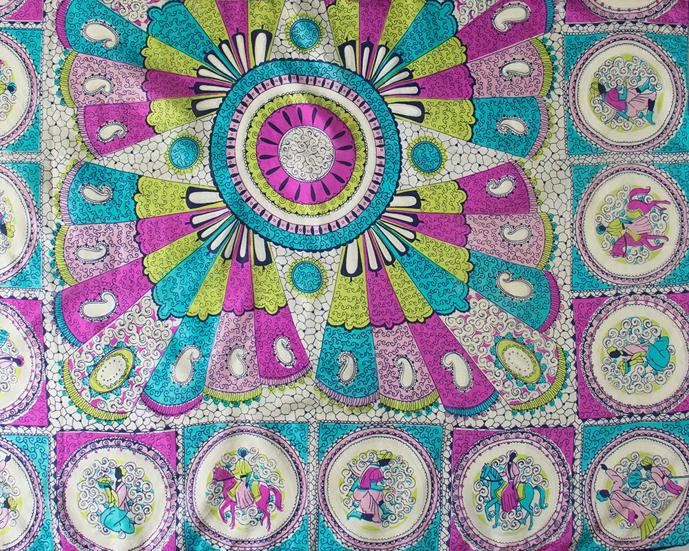1950s Silk People & Horses Novelty Print Large Scarf