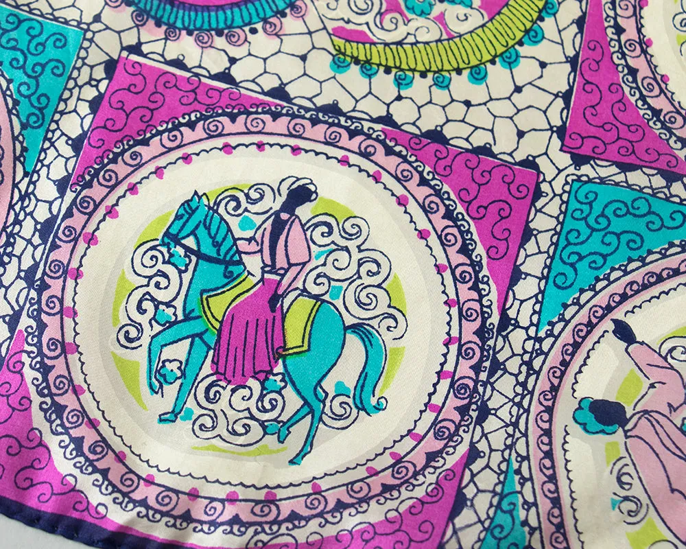 1950s Silk People & Horses Novelty Print Large Scarf