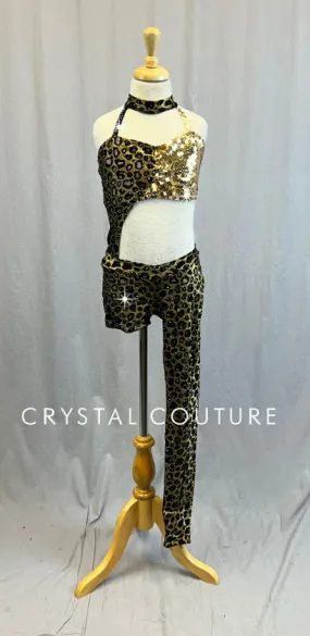 Black & Gold Animal Print Bra-Top and Bootie Short/Legging - Swarovski Rhinestones