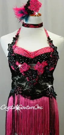 Black Floral Lace Leotard with Pink Accents/Fringe Skirt - Swarovski Rhinestones