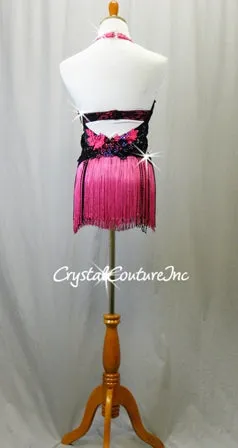 Black Floral Lace Leotard with Pink Accents/Fringe Skirt - Swarovski Rhinestones