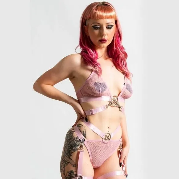 Hell Kitty Fishnet Pastel Pink Lingerie Set | Posses Me Gloves Too