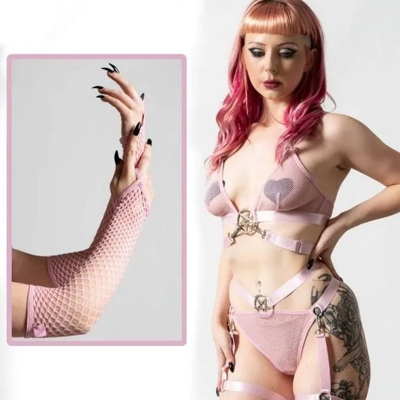 Hell Kitty Fishnet Pastel Pink Lingerie Set | Posses Me Gloves Too