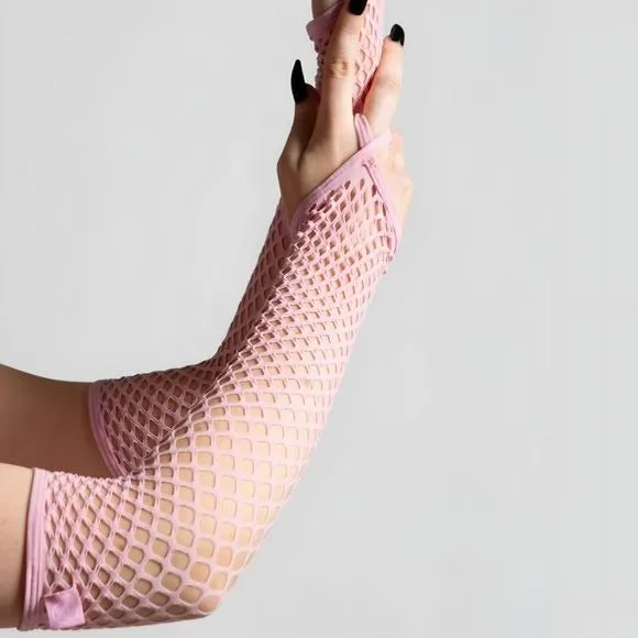 Hell Kitty Fishnet Pastel Pink Lingerie Set | Posses Me Gloves Too