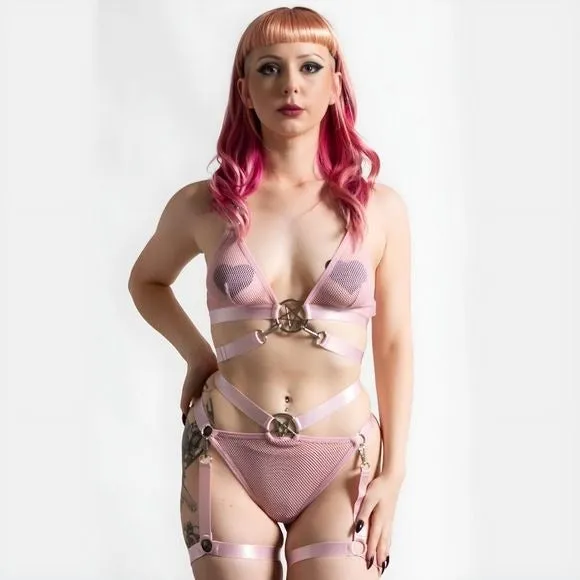 Hell Kitty Fishnet Pastel Pink Lingerie Set | Posses Me Gloves Too