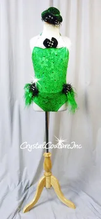 Tuxedo Inspired Kelly Green Lace Leotard with Feather & Chiffon Bustle - Swarovski Rhinestones