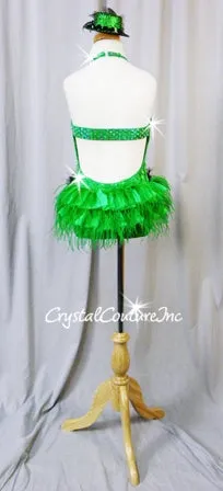 Tuxedo Inspired Kelly Green Lace Leotard with Feather & Chiffon Bustle - Swarovski Rhinestones